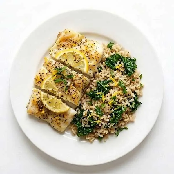 Lemon Pepper Baked Fish with Kale Rice Mix